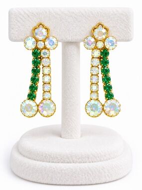 AURORA Borealis & Green Rhinestone “VTG” Double Drop Clip-On Earrings